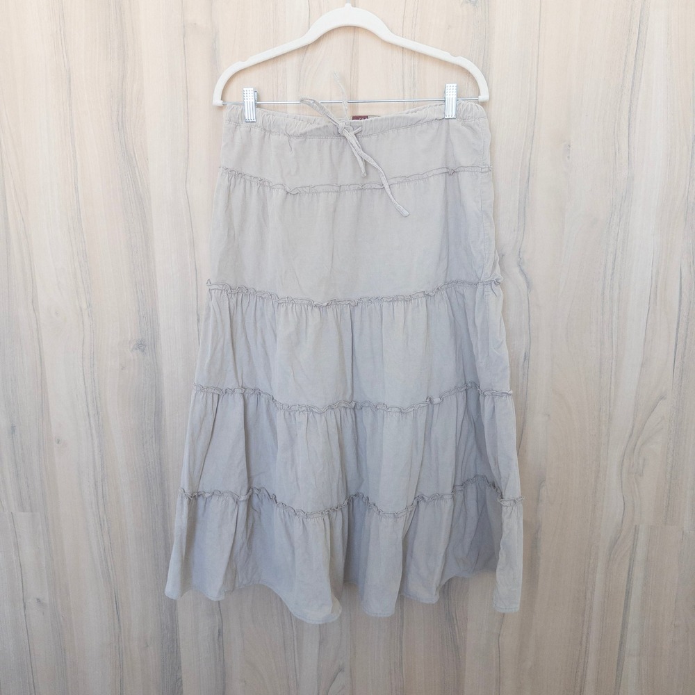 Vintage Womens Corduroy Midi Skirt Small Tan Tiered Drawstring Boho Cottage